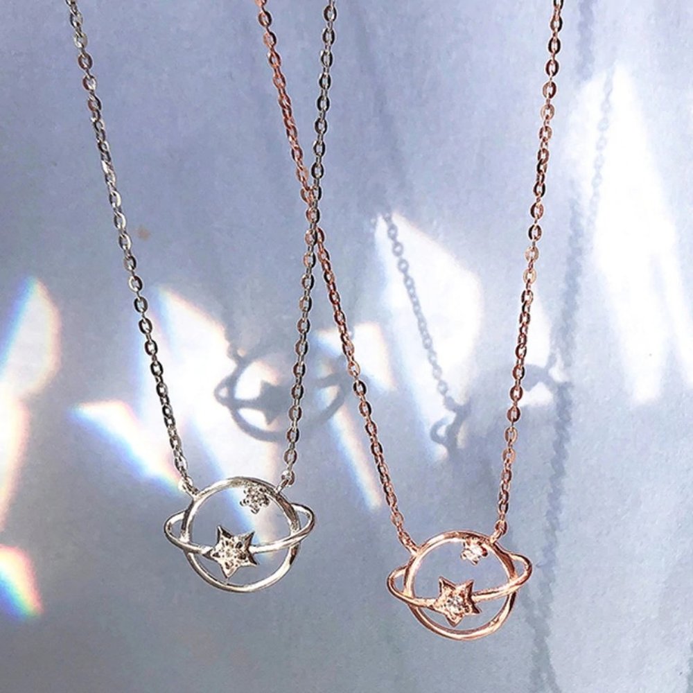 *Rose Gold/Sterling Silver Diamond Planet Necklace